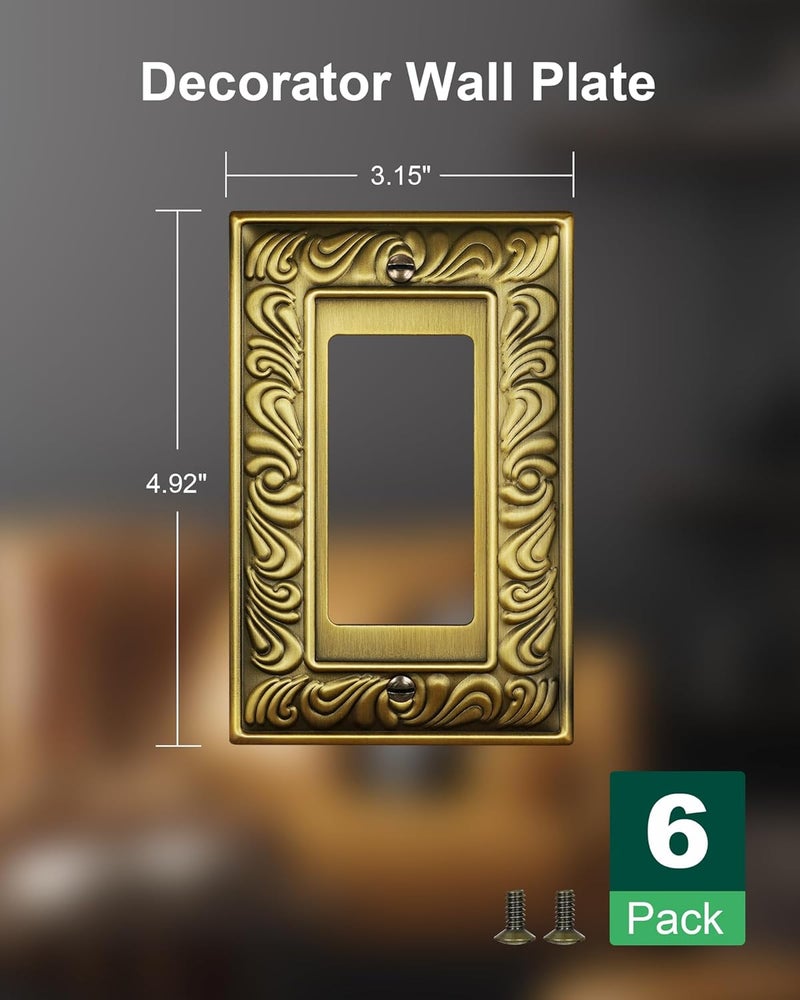 treewell 6-Pack Decorator Outlet Cover Plate, Paisley Pattern Decorative Switch Plates and Outlet Covers, Antique Brass Metal Wall Plates for Electrical Outlets, Receptacle, GFCI Outlet, Dimmer Switch - Image 2